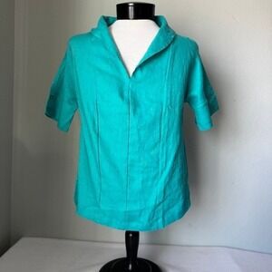 LINTICO Womens Small Linen Short Sleeve Pintuck Pleated Top Teal V Neck  New